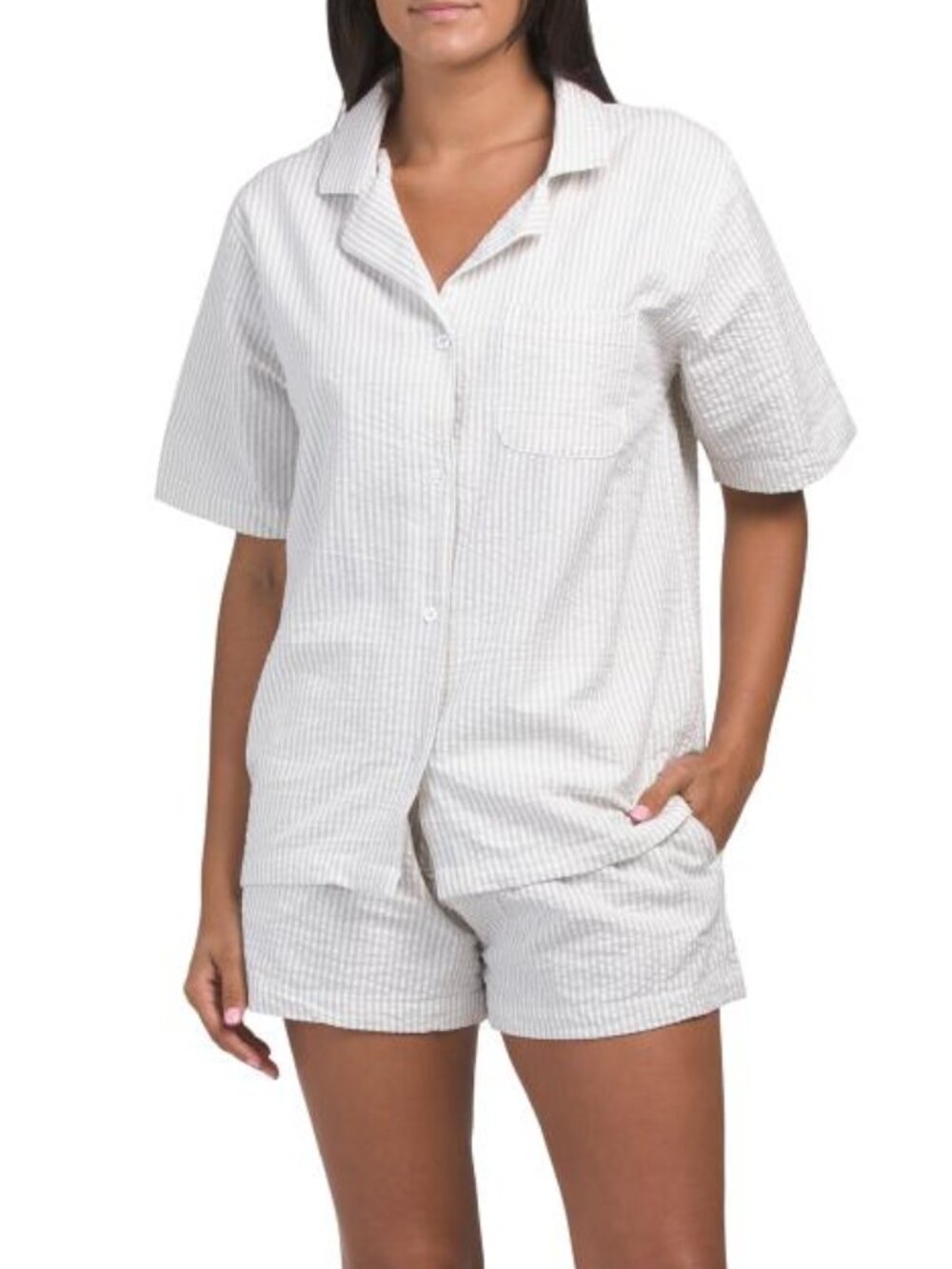 8 OAK LANE 2pc Seersucker Notch Collar Top And Boxer Shorts Pajama Set